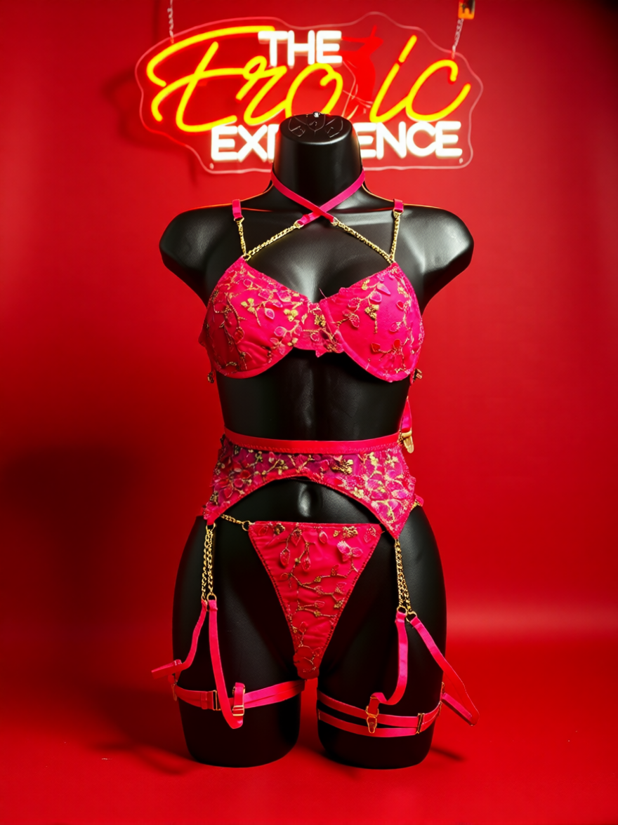 Soft & Sweet 3-Piece Lingerie Set | Light Pink & Rose Red Lace Dream