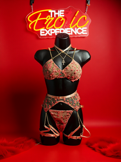 Soft & Sweet 3-Piece Lingerie Set | Light Pink & Rose Red Lace Dream