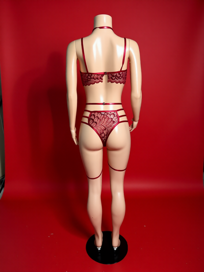 Fine As Wine 3-Piece Lingerie Set | Wine Red, Blue & Black Lace Seduction