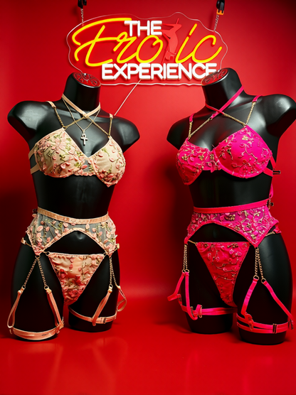 Soft & Sweet 3-Piece Lingerie Set | Light Pink & Rose Red Lace Dream