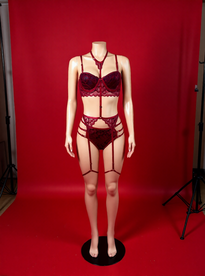 Fine As Wine 3-Piece Lingerie Set | Wine Red, Blue & Black Lace Seduction